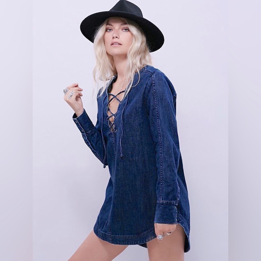 FREE PEOPLE SZ L NEAPOLITAN DREAMS INDIGO LACE UP DENIM TUNIC MINI DRESS TOP